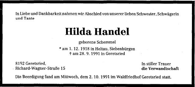 Schemmel Hilda 1918-1991 Todesanzeige